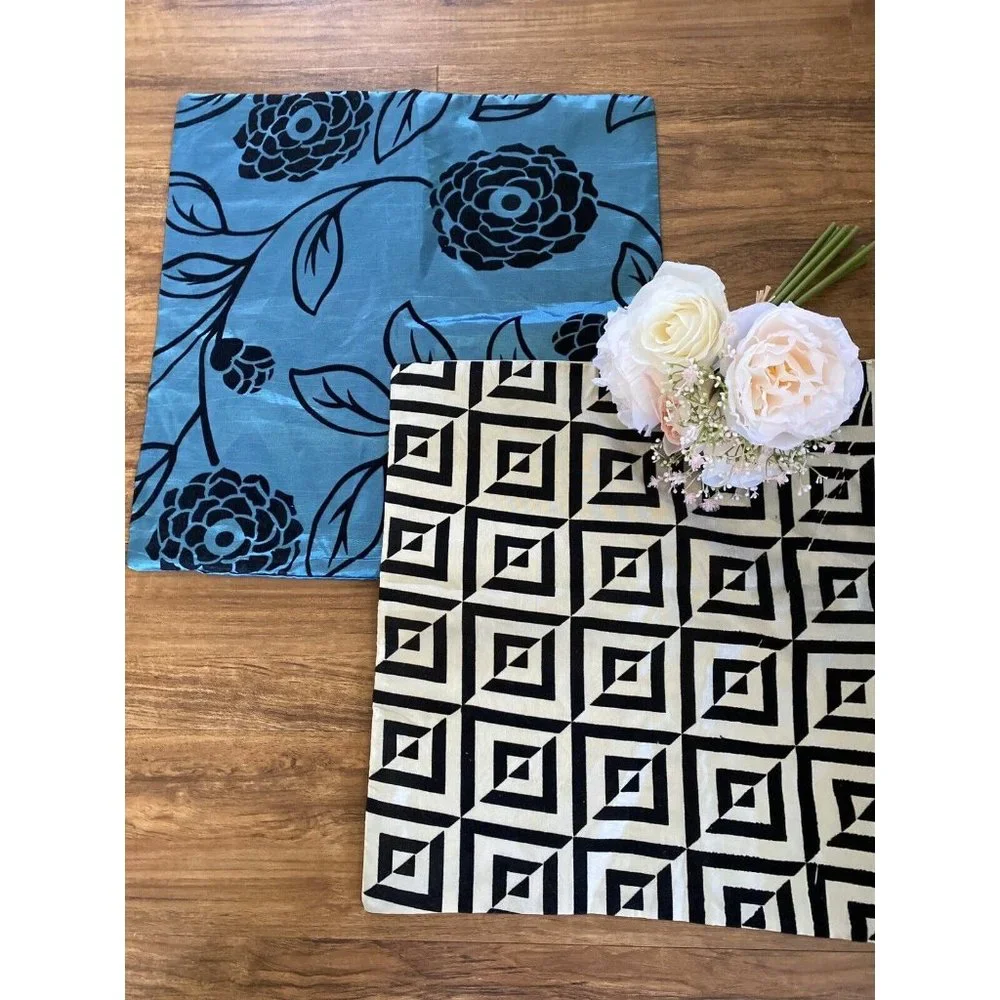 Vintage Set 2 Square Satiny Velvet‎ Detail Pillow Cases Blue Black Beige Zipper